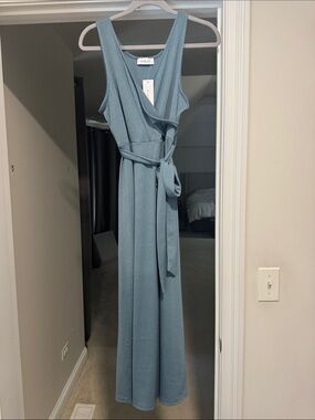 Gilt Dusty Blue Sleeveless Wrap midi Dress with Waist Tie